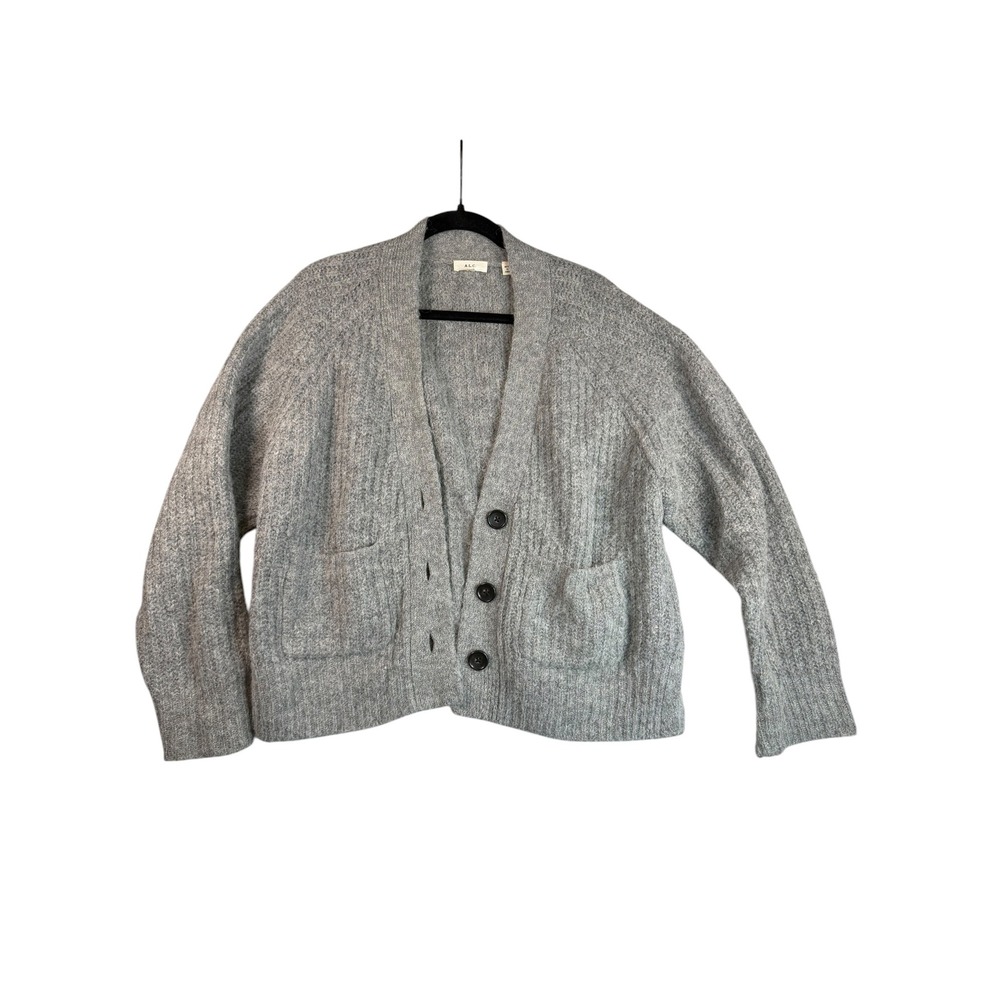 ALC Grey Ribbed Knit Button Front Cardigan Sweater Womens Medium Pockets‎ Slit